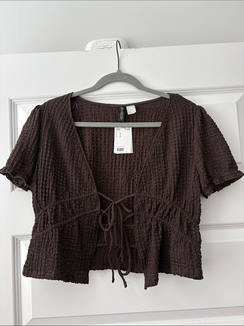 Brown Textured Tie-Front Top